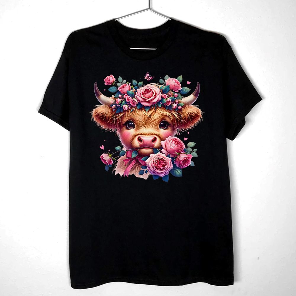 Cute Highland Cow With Pink Roses Floral Farm Western T-Shirt Unisex Standard T-Shirt black s