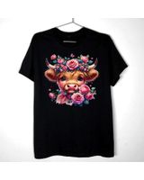 Cute Highland Cow With Pink Roses Floral Farm Western T-Shirt Unisex Standard T-Shirt black s